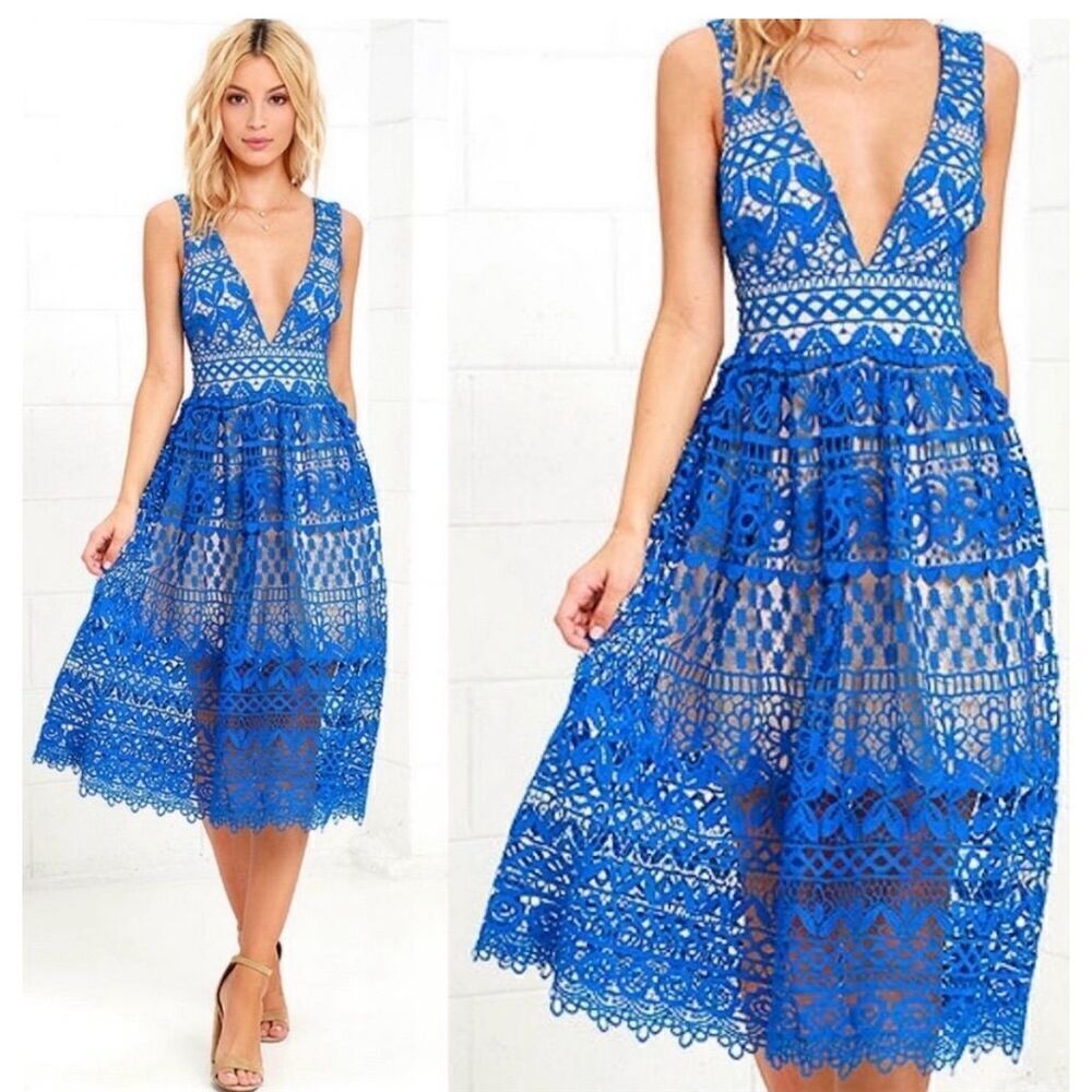Lulu's Cobalt Blue Lace Plunge Midi Dress